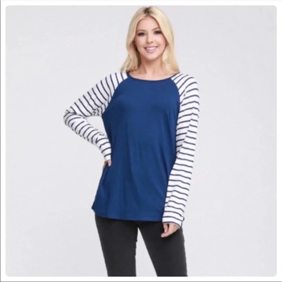 Blue Raglan Long Sleeve Striped Top | Casual Soft Fall Shirt - Picture 3 of 8